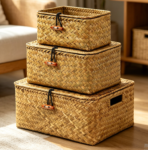 Seaweed storage box set (3 pieces) with lid, desktop cosmetic basket
