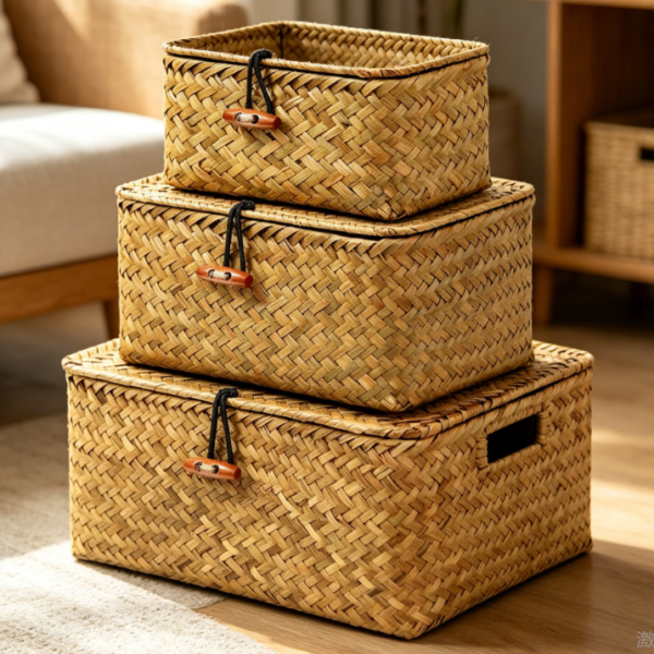Seaweed storage box set (3 pieces) with lid, desktop cosmetic basket