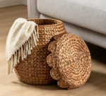 Fan-shaped water hyacinth hand-held basket, chestnut brown with lid
