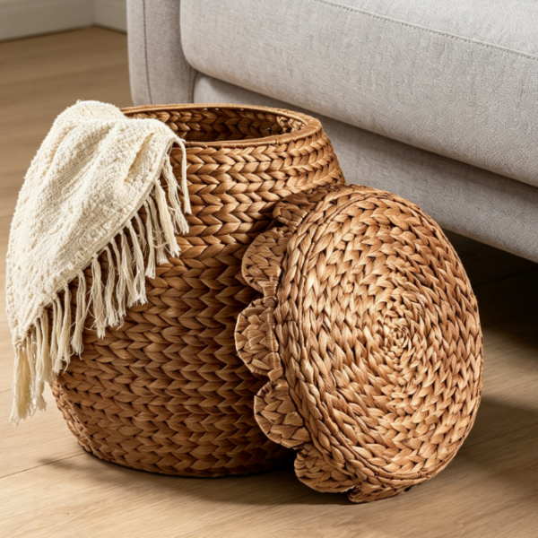 Fan-shaped water hyacinth hand-held basket, chestnut brown with lid