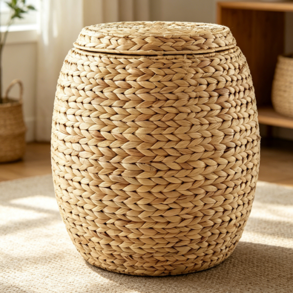 Round water hyacinth basket with lid, multi-functional decoration
