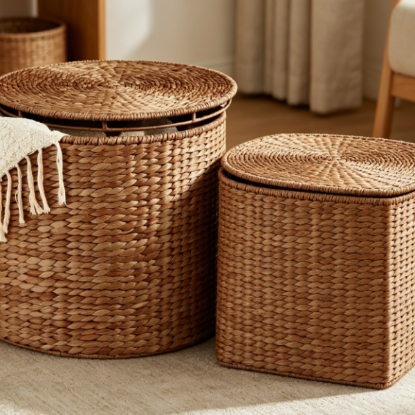 Large water hyacinth footstool/storage stool, side table with lid