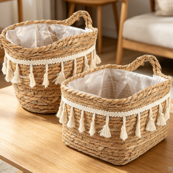 Handmade straw woven organizing box, living room and kitchen storage unit