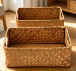 Straw woven storage basket with handle, rectangular toy and clothing basket
