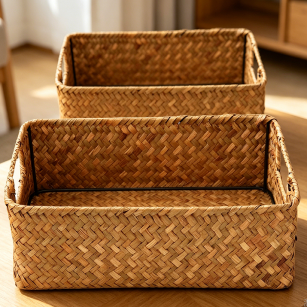 Straw woven storage basket with handle, rectangular toy and clothing basket