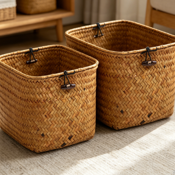Straw woven decorative box with lid, home storage and organization