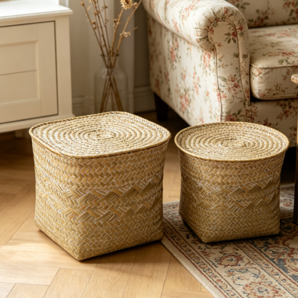 Straw woven desktop storage box, warm, rustic, and sturdy design