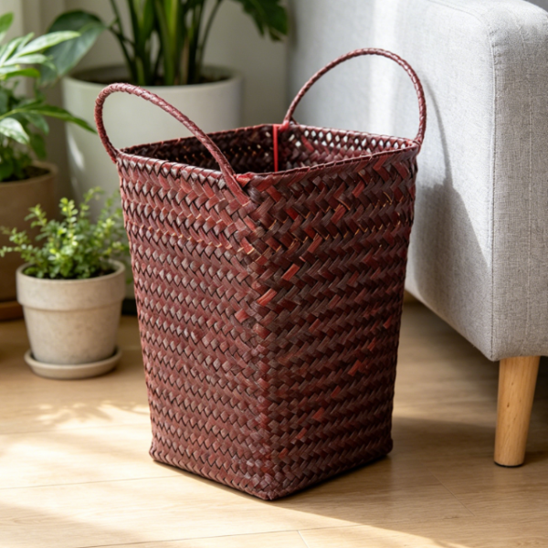 Double-handled straw woven coffee-colored basket, fruit and towel storage