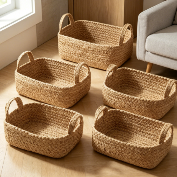 Handmade straw woven storage basket, for organizing a baby's bedroom