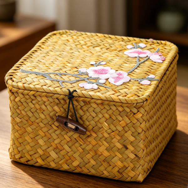 Straw woven desktop storage basket, kitchen storage room decoration