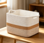 Two-Tone Cotton Rope Storage Basket for Toys & Books (White/Camel)