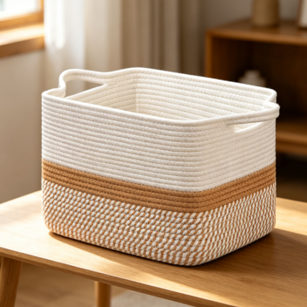 Two-Tone Cotton Rope Storage Basket for Toys & Books (White/Camel)