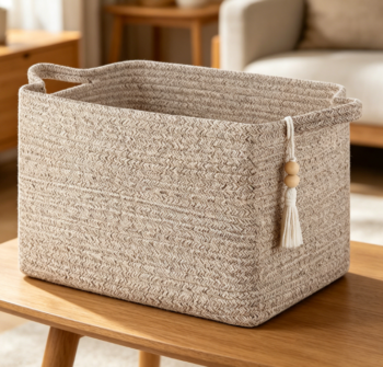 Brown Square Cotton Rope Storage Basket with Handles