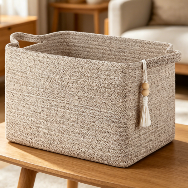 Brown Square Cotton Rope Storage Basket with Handles