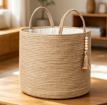 Large Jute & Cotton Rope Storage Basket with Wooden Bead Accents