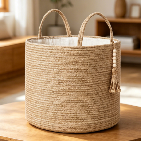 Large Jute & Cotton Rope Storage Basket with Wooden Bead Accents