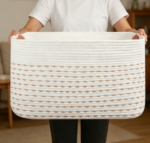 Large Two-Tone Cotton Rope Blanket Basket (Pale Yellow/White)