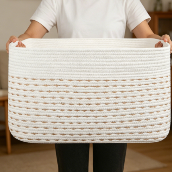 Large Two-Tone Cotton Rope Blanket Basket (Pale Yellow/White)