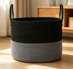 Two-Tone Cotton Rope Laundry Hamper with Reinforced Handles (Black/Gray)