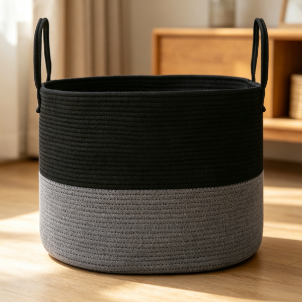 Two-Tone Cotton Rope Laundry Hamper with Reinforced Handles (Black/Gray)