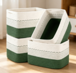 Small Two-Tone Cotton Rope Storage Baskets (4-Piece Set) (Green/White)