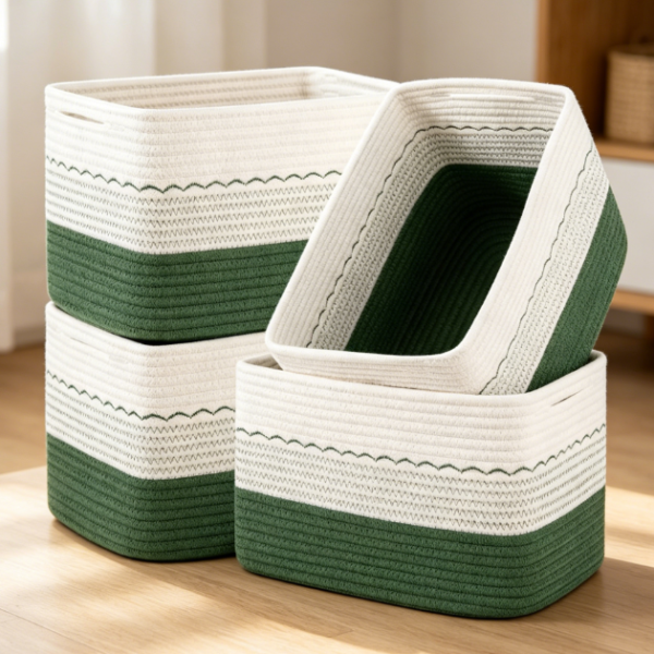 Small Two-Tone Cotton Rope Storage Baskets (4-Piece Set) (Green/White)