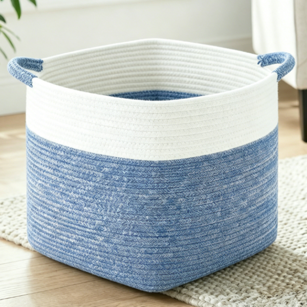 Denim Blue Bohemian-Style Cotton Rope Toy Basket