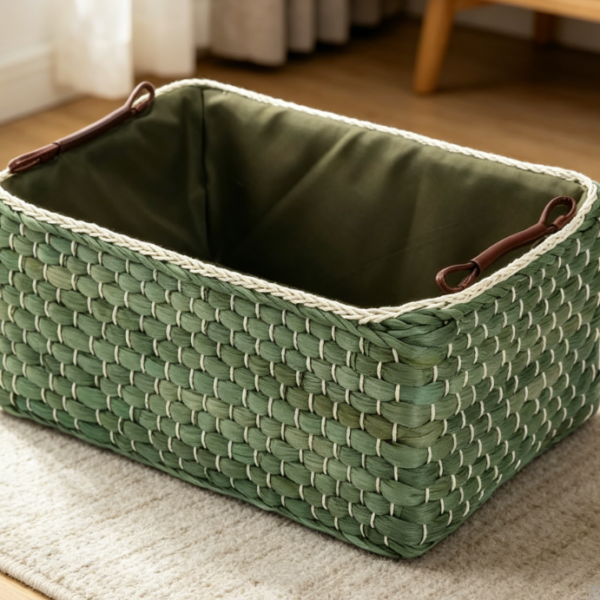 Corn stalk woven basket, green with handle