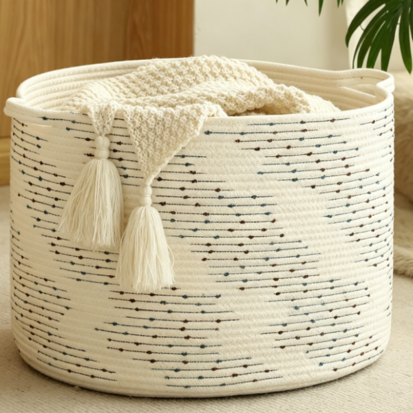 Polka-Dot Cotton Rope Blanket Basket (Cream/Blue/Brown)