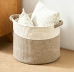 Round Two-Tone Cotton Rope Blanket Storage Basket (White/Brown)