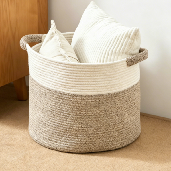 Round Two-Tone Cotton Rope Blanket Storage Basket (White/Brown)
