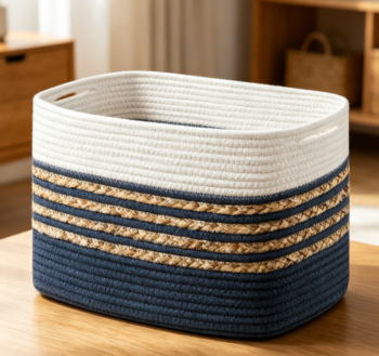 Navy Blue Cotton Rope Basket with Handles for Toys & Towels
