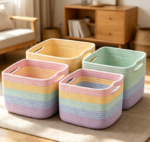 Rainbow-Colored Cotton Rope Toy Storage Baskets (4-Piece Set)