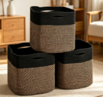 Cube-Shaped Cotton Rope Storage Baskets (3-Piece Set) (Black/Jute)