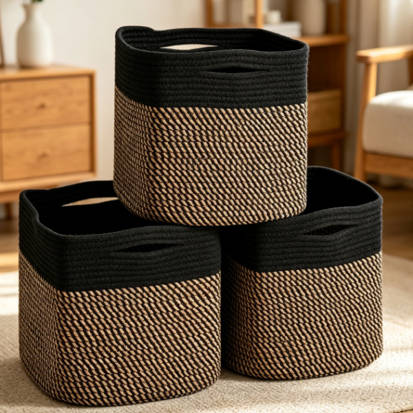 Cube-Shaped Cotton Rope Storage Baskets (3-Piece Set) (Black/Jute)