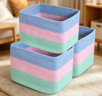 Rainbow-Colored Cotton Rope Toy Basket with Handles