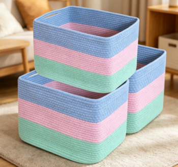 Rainbow-Colored Cotton Rope Toy Basket with Handles