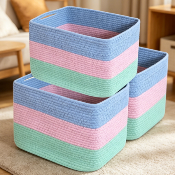 Rainbow-Colored Cotton Rope Toy Basket with Handles