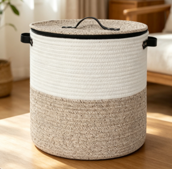 Cotton Rope Storage Basket with Zippered Lid for Blankets & Toys