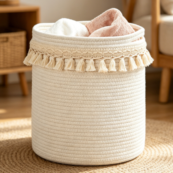 Small Bohemian-Style Cotton Rope Storage Basket with Tassels