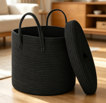 Large Black Cotton Rope Storage Bin with Lid for Blankets