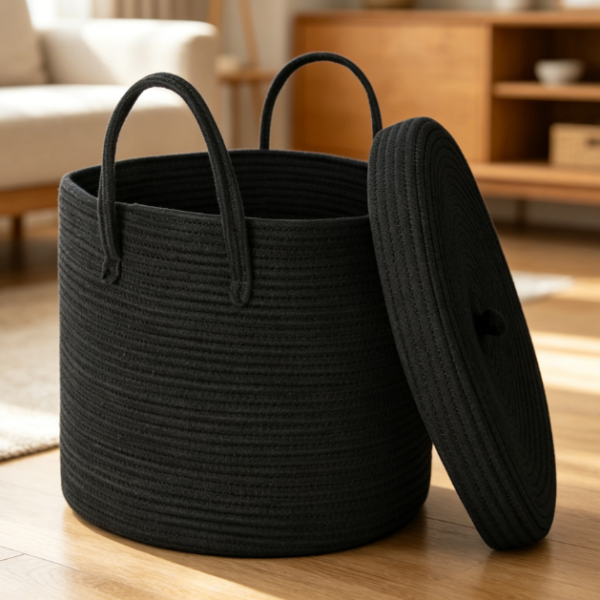 Large Black Cotton Rope Storage Bin with Lid for Blankets