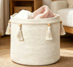 Bohemian-Style Cotton Rope Storage Basket with Tassel Accents