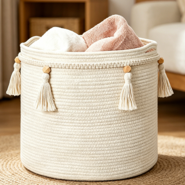 Bohemian-Style Cotton Rope Storage Basket with Tassel Accents