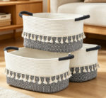Two-Tone Cotton Rope Storage Baskets with Handles (3-Piece Set) (White/Blue)