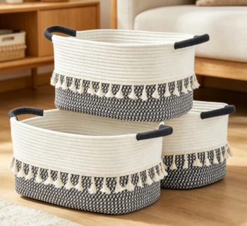 Two-Tone Cotton Rope Storage Baskets with Handles (3-Piece Set) (White/Blue)