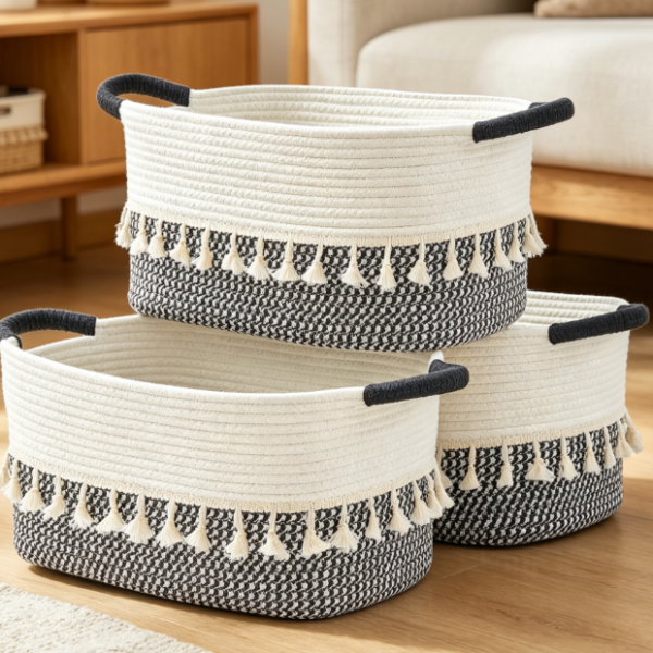 Two-Tone Cotton Rope Storage Baskets with Handles (3-Piece Set) (White/Blue)