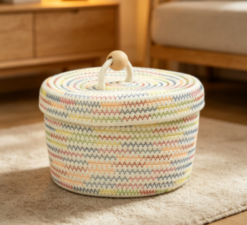 Small Cotton Rope Basket with Lid and Rainbow Wave Pattern