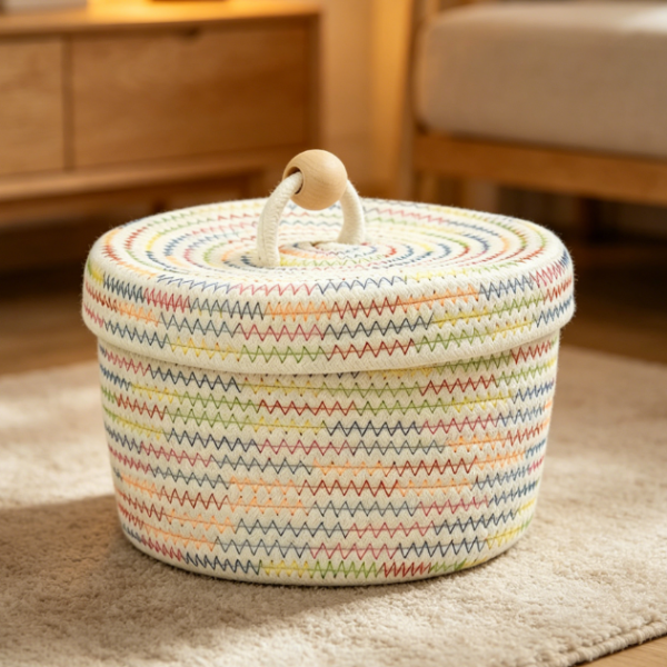 Small Cotton Rope Basket with Lid and Rainbow Wave Pattern