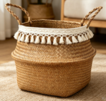 Seaweed belly-shaped basket, beige large toy and plant basket